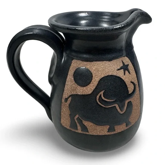 Miller Vrana EarthSea Pottery Buffalo Bison Pitcher Black Stoneware 2002 USA
