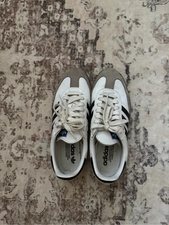 adidas White Sneakers with Taupe Suede and Black Stripes