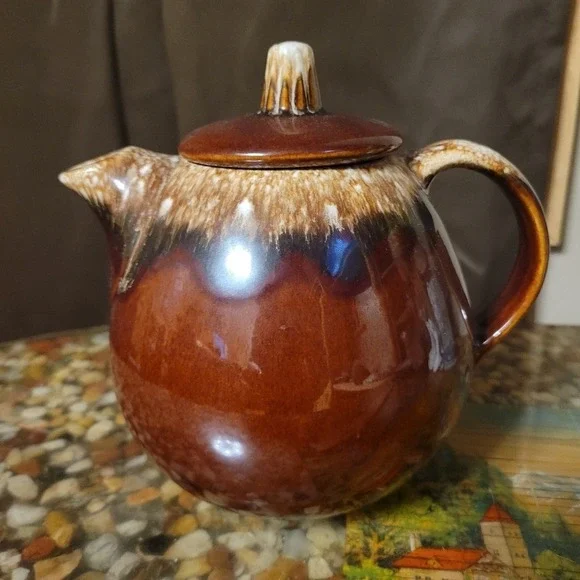 Vintage Hull Pottery Brown Drip Ball‎ Shaped Tea Pot & Lid with plate USA