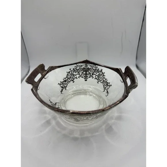 Vintage Silver Overlay Glass Candy Nut Bowl Floral Filigree Double‎ Handle 6.5in