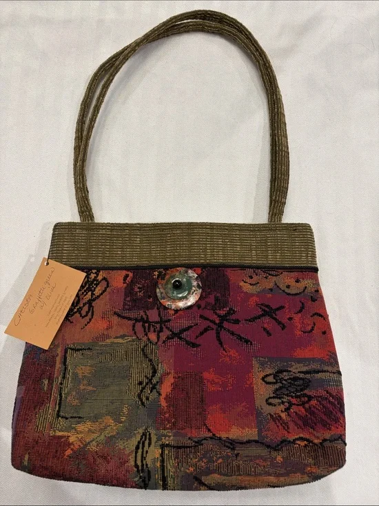 Graffiti Green Tapestry Shoulder Bag with Olive Trim