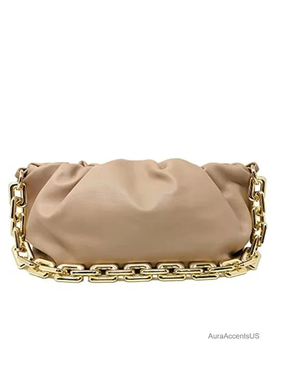 Cloud-Shaped Dumpling Chain Pouch Clutch Ruched Faux Leather Shoulder Handbag