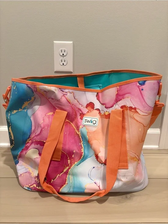 Swig Life Insulated Tote Bag Cooler Marble Watercolor Pink Blue Orange