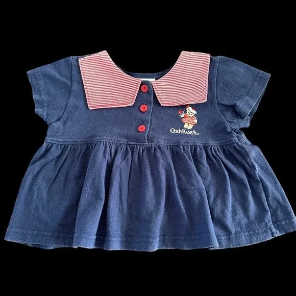 Vintage OshKosh B’Gosh Baby Girls 2T‎ Navy Blue Sailor Knit Top Embroidered Bear