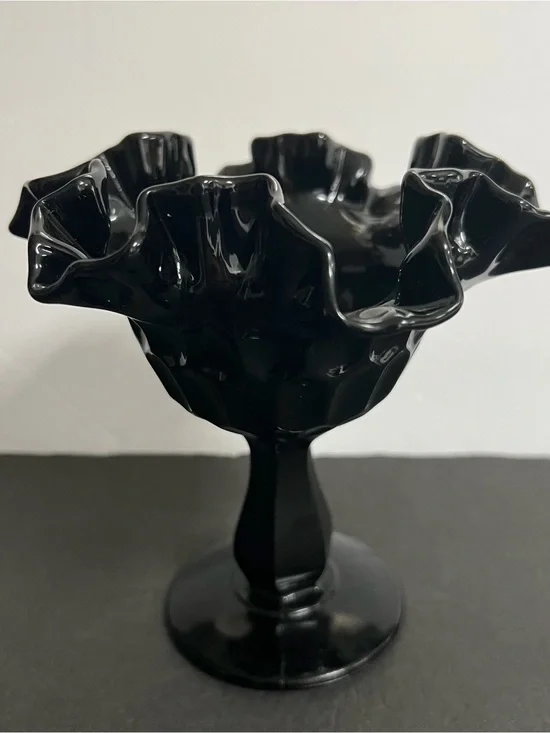 Glossy Black Ruffled Pedestal Compote