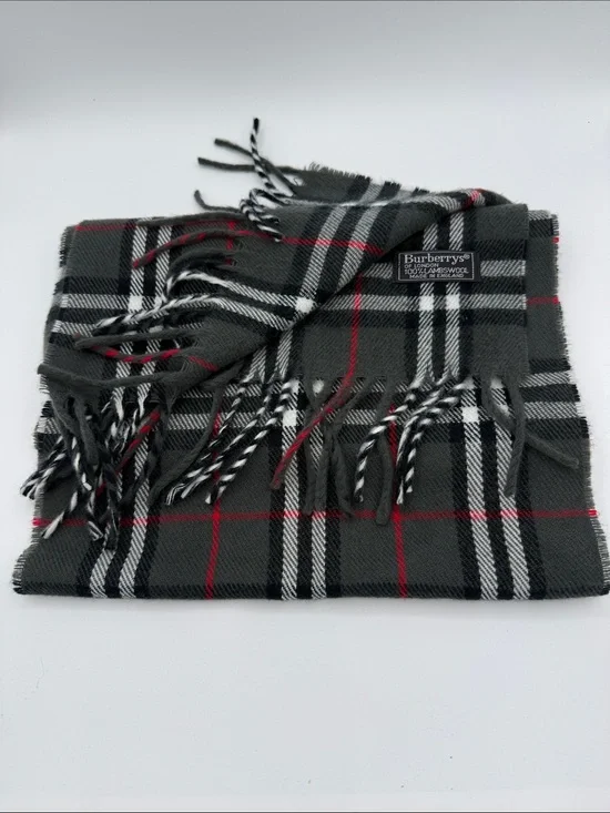 Burberry's of London | Vintage Dark Gray Plaid Lambswool Scarf with Red Accents
