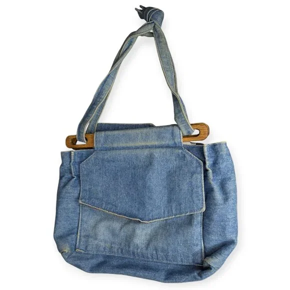 Ozark Mountain Handbags Casual Blue Denim Tote with Wooden Handles Plaid Lining