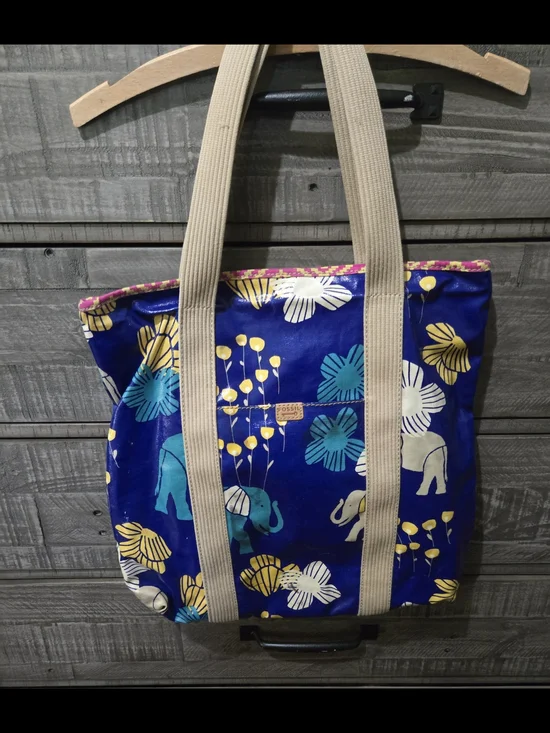 Fossil Key-Per Reversible Tote Bag Elephant Floral Print Canvas Beach Bag
