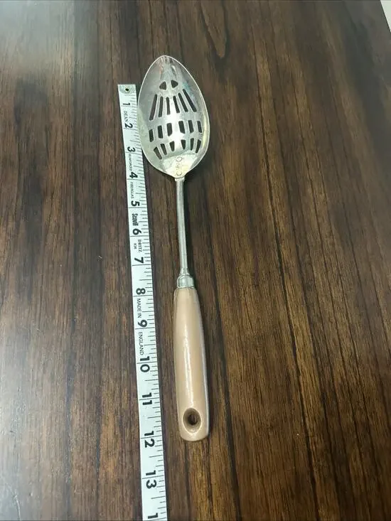 Vintage Ekco Slotted Serving Spoon Painted Wood Handle Copper- Paint Peeling 12”