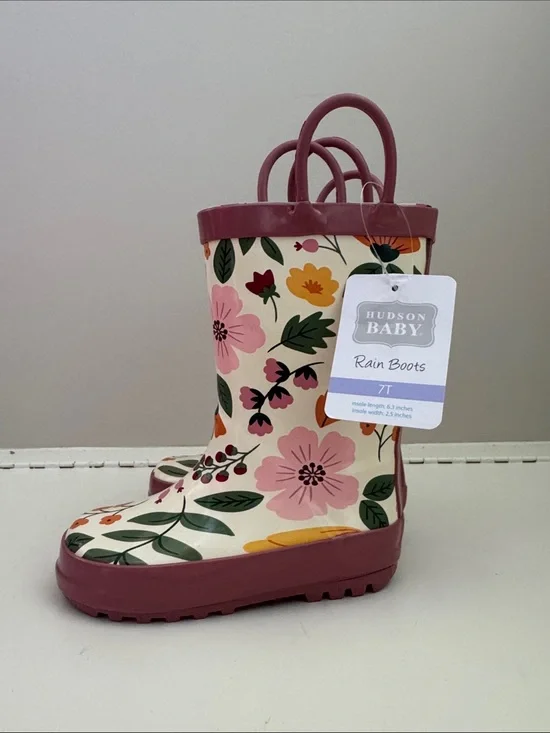 Hudson Baby Cream Floral Rain Boots with Pink Trim