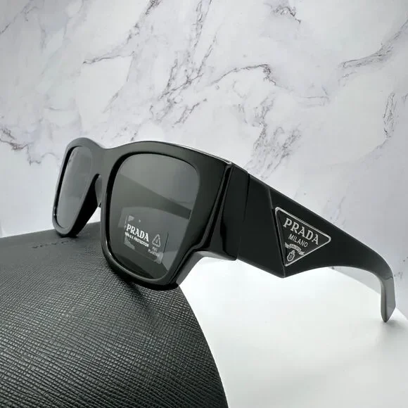 New Prada Sunglasses Black Square Oversized Triangle Plaque Logo Authentic