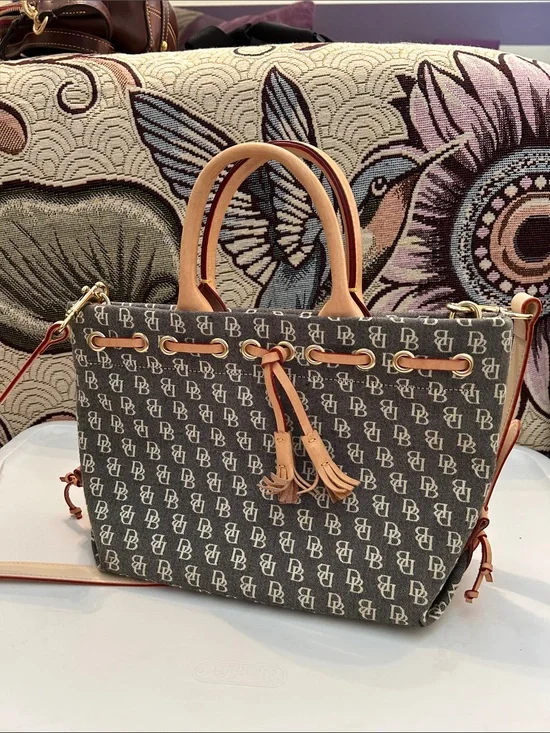 Vintage Dooney & Bourke Gray Y2K Monogrammed Tote with Tan Leather Trim