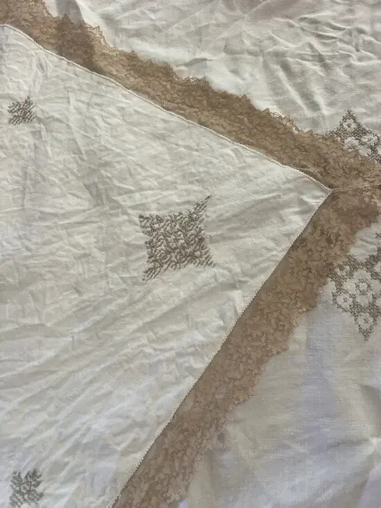 Vintage White Embroidered Cross Stitch 100% Linen Tablecloth 76x64 - Read Flawed