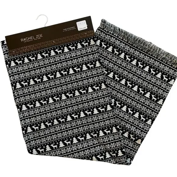 Rachel Zoe Christmas Tree Reindeer Table Runner 16x90 Holiday Black & White New
