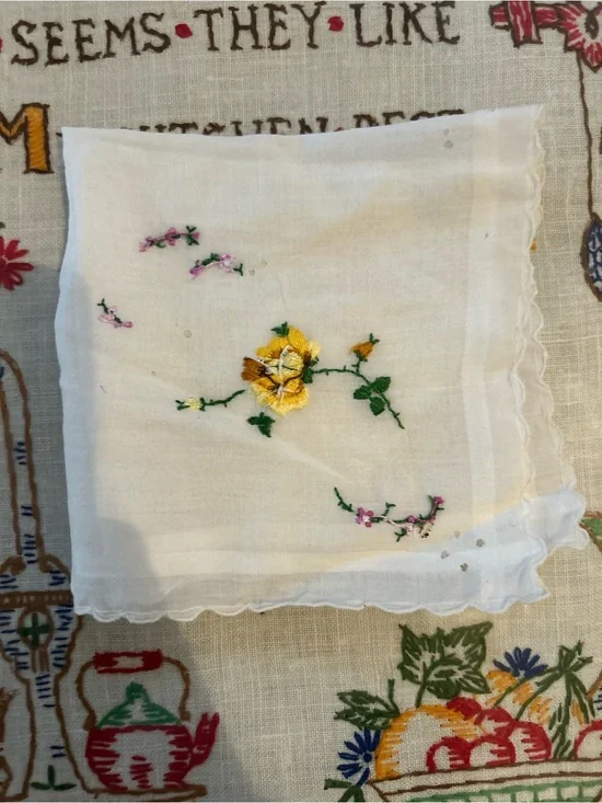 Vintage Embroidered White Cotton Handkerchief with Yellow Rose call outs