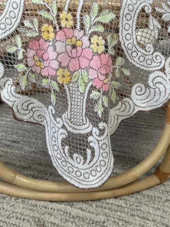 Beautiful French Vtg Lace Embroider Crochet Square Doily Floral Doily Tablecloth