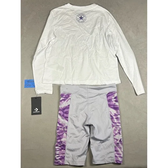Converse Girls 2pc Set Long‎ Sleeve Graphic Tee Tie Dye Bike Shorts White Purp L