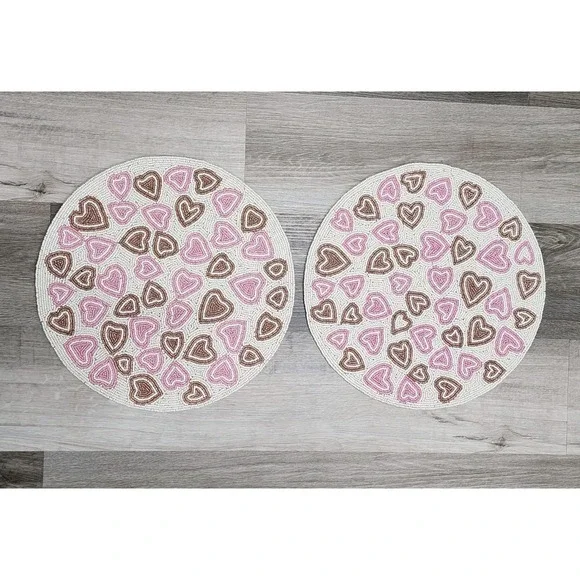 Valentines Day Pink & Gold Hearts Beaded‎ Placemat Charger Placemats 2 Pc 15