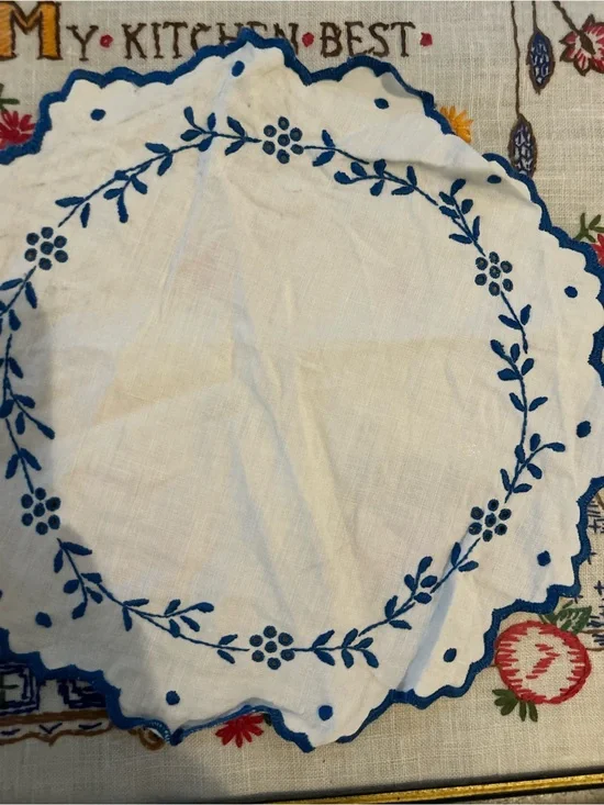 White Round Embroidered Linen Doily with Blue Floral Trim