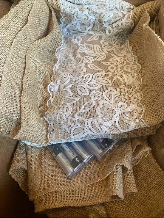 Ivory Floral Lace Trim Burlap Table Runner or Fabric