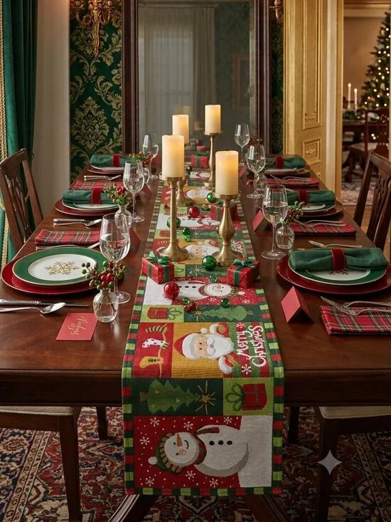 Santa & Snowman Merry Christmas Tapestry Table Runner Double Sided View 66x13