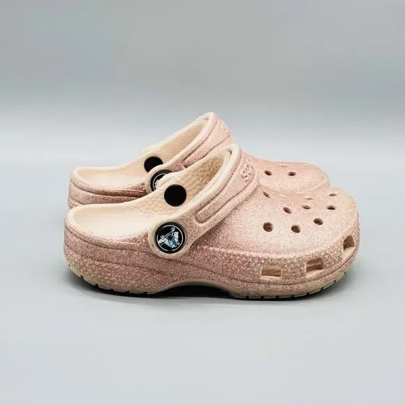 Crocs Shoes Girls 8 Pink Glitter Classic Clog Slip On Sandals Lightweight Casual