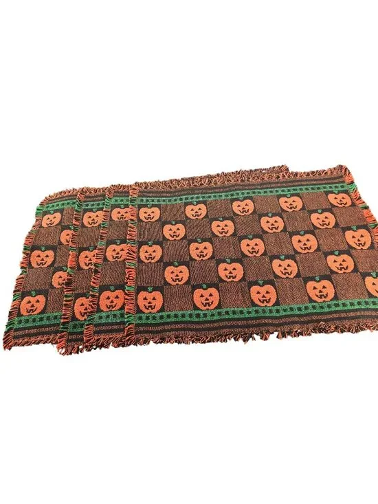 Vintage Halloween Woven Pumpkin Placemat Set Of 4 With Fringe - Black & Orange J