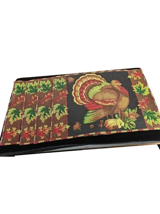 Thanksgiving Turkey Tapestry Placemats Set Of 4 Autumn Leaves Festive Dining Tab