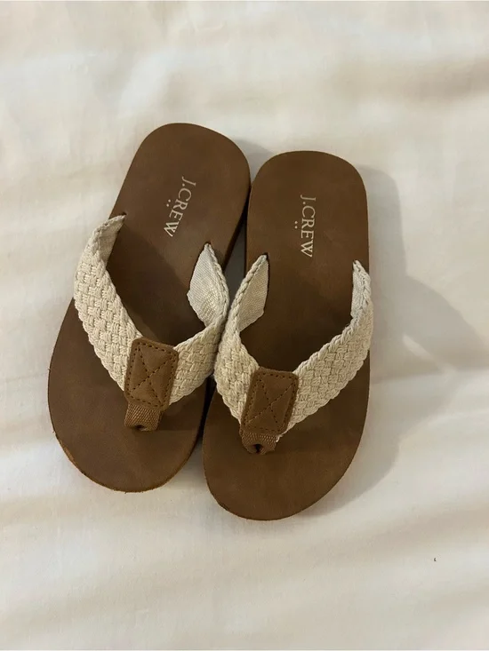 J. Crew Tan Footbed Flip Flops with Cream Braided Straps
