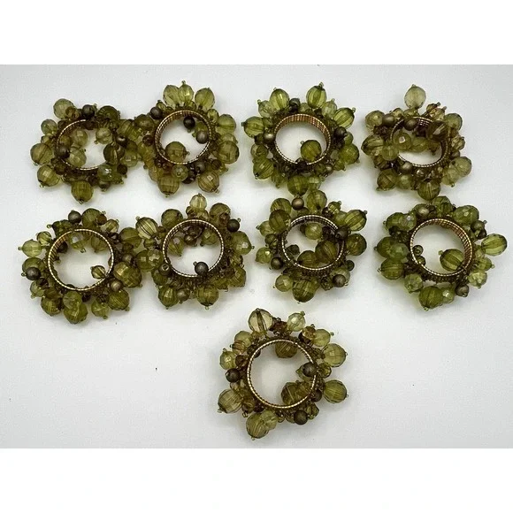 9 Bodrum Giselle Faceted Beaded Napkin Rings Lime Green on Gold