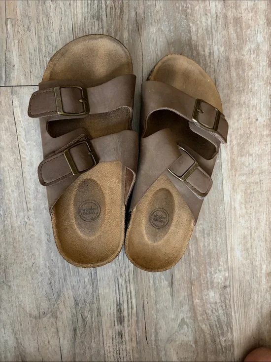 wonder nation Brown Double-Buckle Slide Sandals - Kids