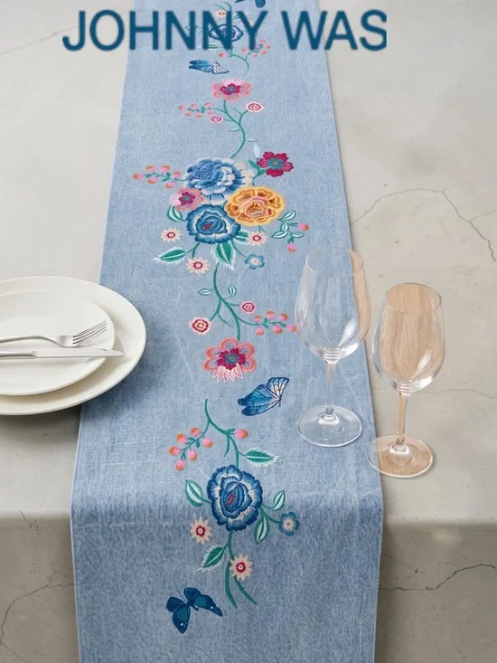NWT Johnny Was Taymia Embroidered Table Runner Denim Blue 108