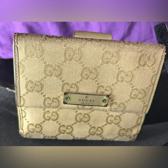 Gucci Beige Monogram Canvas Bi-Fold Wallet with Gold Plate