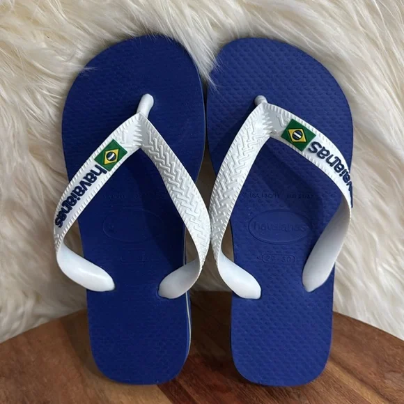 Havaianas Brazil Logo Flip Flops Kids Size 1 Blue White Beach Sandals
