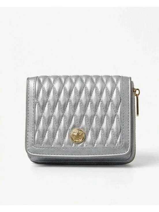 Anne Klein Silver Quilted Card Holder Wallet Coin Purse Zip Around NWT
