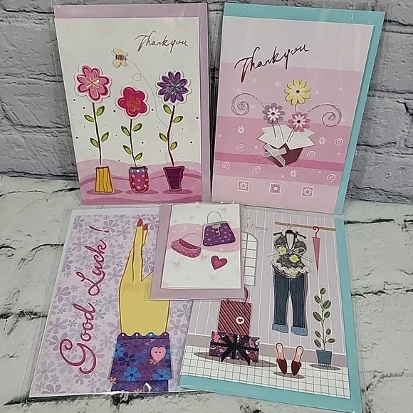 New Greeting Cards Lot Of 5 Pink Feminine Good Luck Thank You W/Envelopes