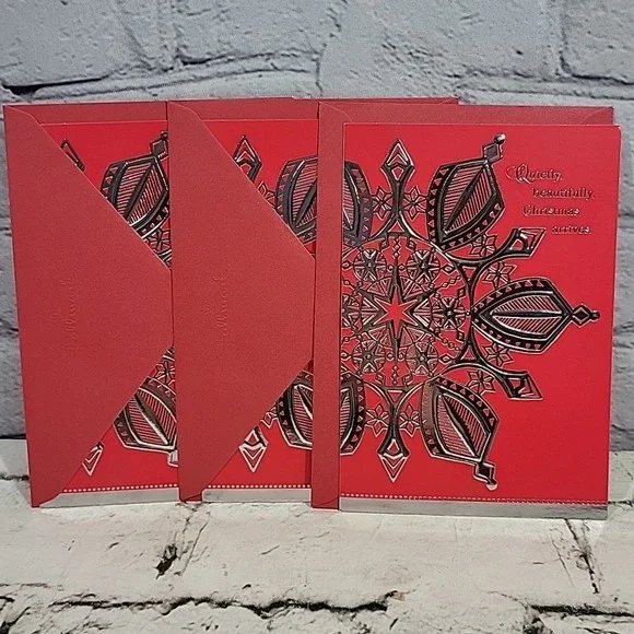 Hallmark Red Silver Snowflake Christmas Cards Lot Of 3 With Envelopes New