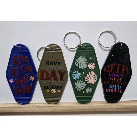 4 Pc Motel Keychains Sassy Funny Sayings Novelty Gift Vintage Retro Keyrings