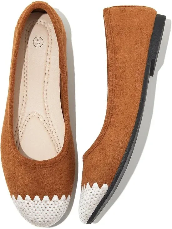 Women's Brown Scalloped PU Leather Comfortable Ballet Flats Slip on Casual Shoes