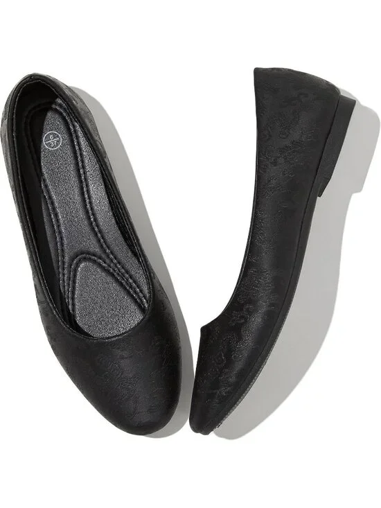 Women's Black Embroidery PU Leather Comfortable Ballet Flat Slip on Casual Shoes