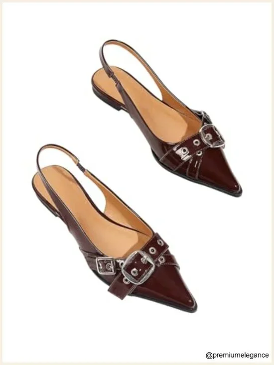 PU Leather Slingback Flats Pointed Toe Low Heel Metal Buckle Ballet Flats