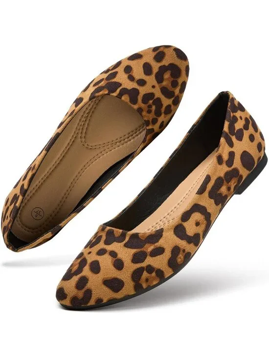 Women's Leopard PU Leather Closed Toe Comfortable Flexible Slip On Ballet Flats