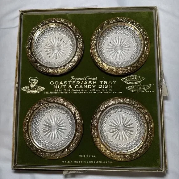 VTG Astorloid 24K Gold Plated Crystal Coasters Ashtrays Nut Dishes 4.5