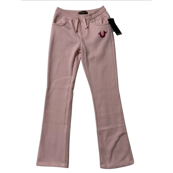 True Religion Girls Pink Flare Sweatpants Horseshoe Logo Small 7/8 Casual School