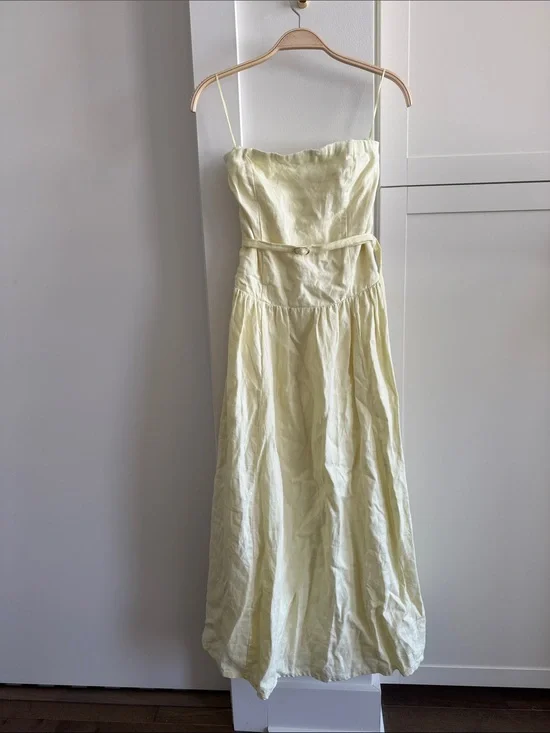 Abercrombie & Fitch Strapless Light Yellow Linen Maxi Dress with Belt