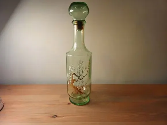 Vintage 1960's Green Willow Glass Liquor Decanter Gold Tree White Blossom 12