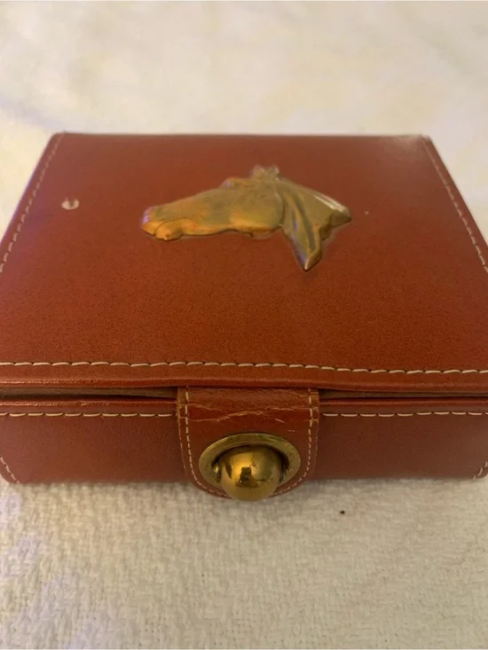 Leather Travel Jewelry Case with Brass Horse Emblem - Brown