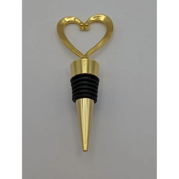 Gold Tone Heart Wine Bottle Stopper Decorative Barware Rubber Seal 4.5