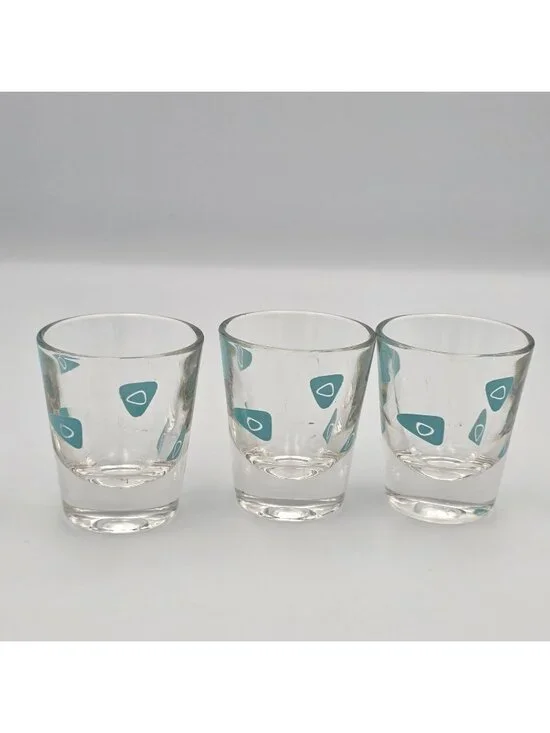 Set Of 3 MCM Clear Shot Glasses With Teal Mid-Century Modern Pattern Design