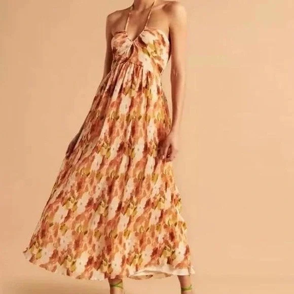 Abercrombie & Fitch Orange Floral Plisse Strapless Keyhole Maxi Dress M Wedding